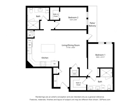 Floor plan for 2 beds, 2 baths, 1052 sqft